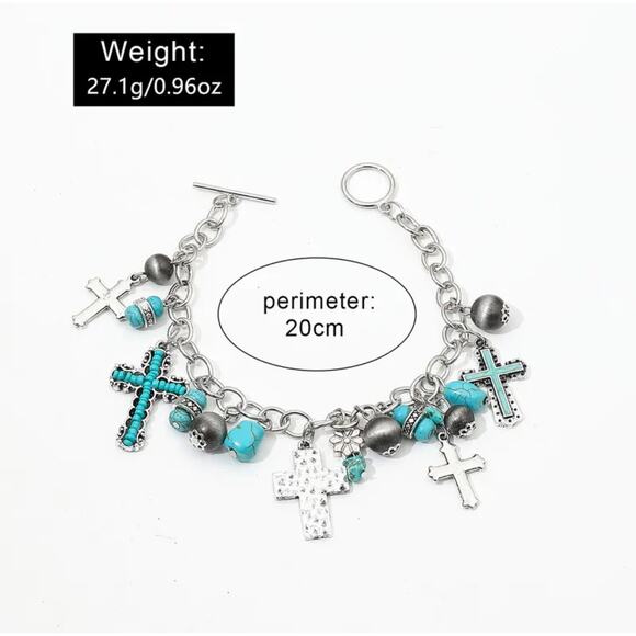 Silver Cross and Turquoise Charm Bracelet Southwest Chunky Western NWT - Picture 2 of 9
